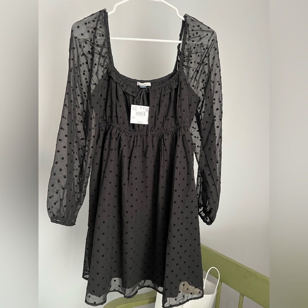 American Eagle Black Swiss Dot Midi Dress Sheer Long Sleeved Size Medium NWT